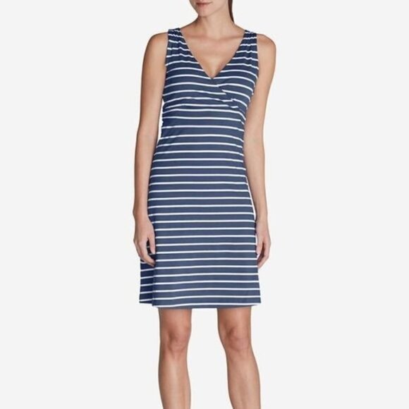 Eddie Bauer Blue And‎ White Striped Sleeveless V Neck Fit And Flare Dress Size S - Picture 1 of 8